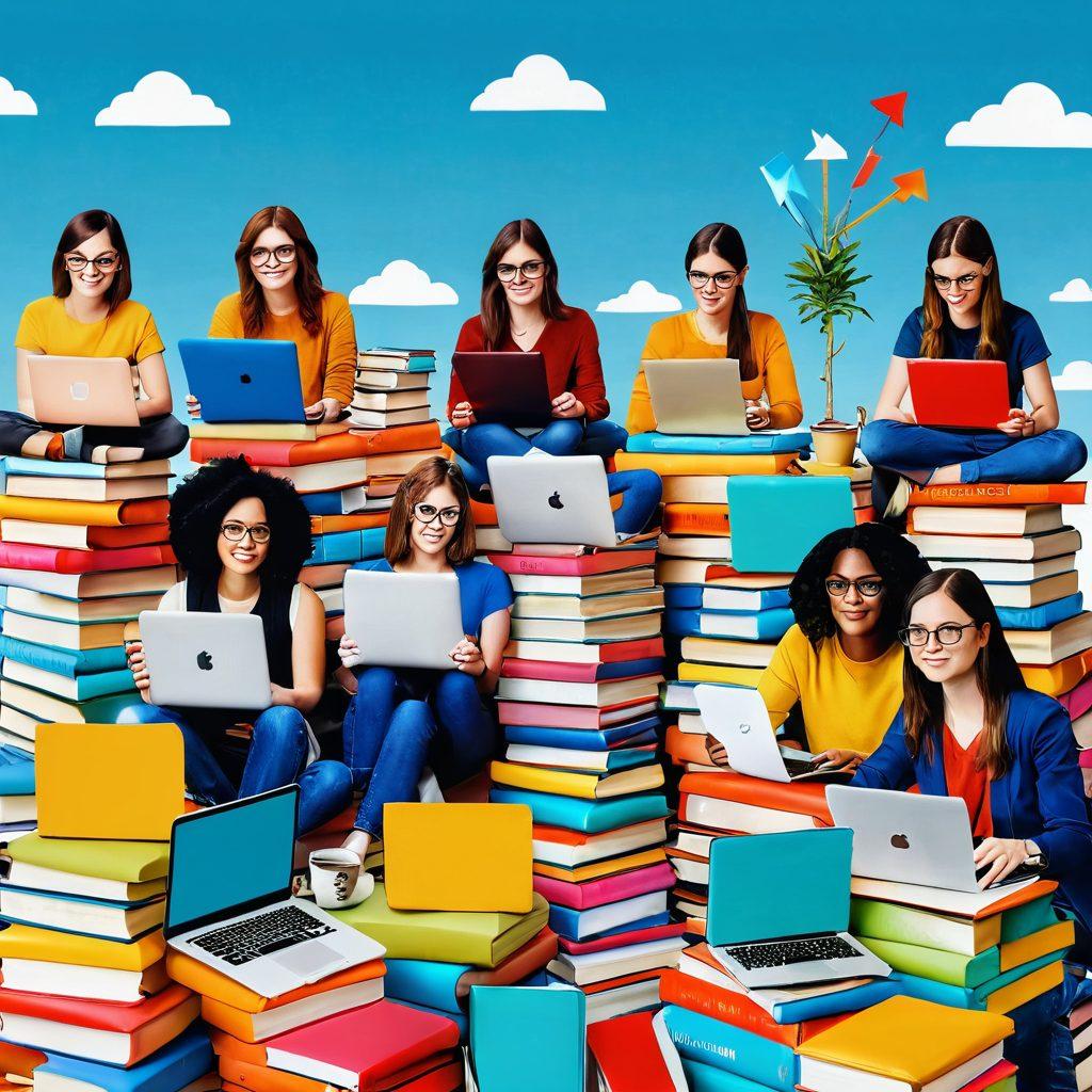 A whimsical landscape featuring a diverse group of bloggers writing on colorful laptops, surrounded by stacks of books and coffee cups. Include a signpost with arrows pointing to 'Creative Writing' and 'Essay Publishing', capturing a sense of community and collaboration. The background shows a bright sky with floating ideas represented as lightbulbs. super-realistic. vibrant colors. white background.