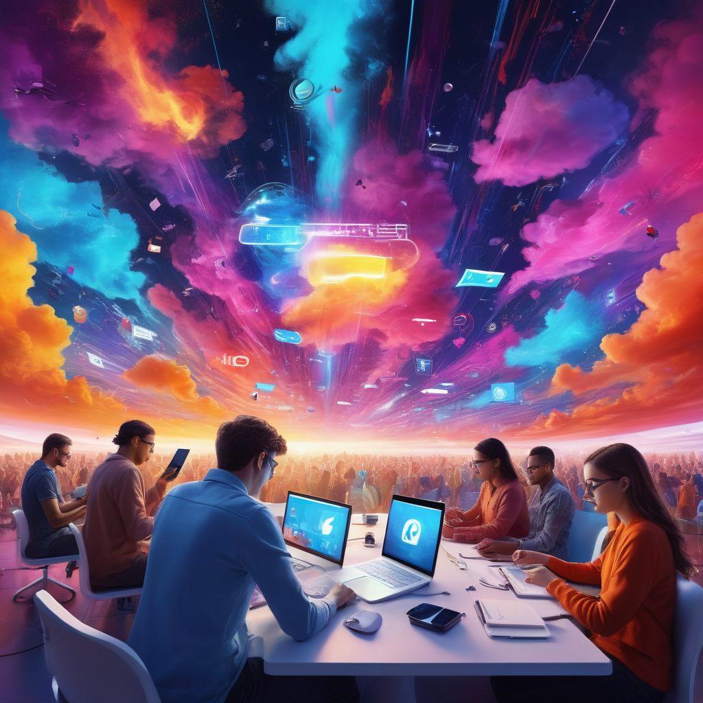 A vibrant digital landscape featuring a diverse group of people passionately writing on futuristic devices, surrounded by swirling colors representing creativity and expression. In the background, iconic symbols of the digital age such as social media icons and cloud storage. The scene conveys a sense of freedom and inspiration, highlighting the fusion of technology and creative writing. super-realistic. vibrant colors. dynamic composition.