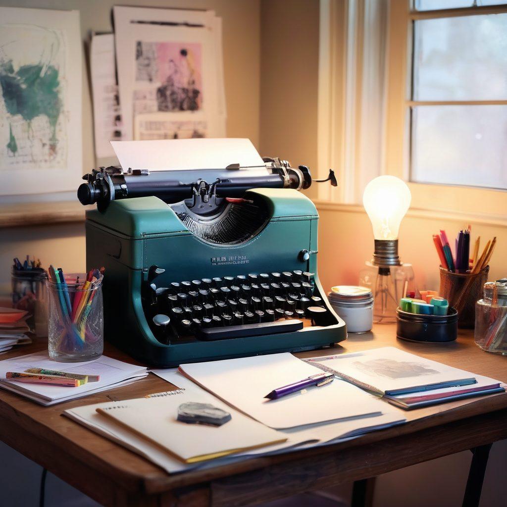 A creative workspace with a vintage typewriter, scattered notebooks, and colorful markers, symbolizing the act of crafting unique content. In the background, a glowing light bulb symbolizes ideas, while a silhouette of a person thoughtfully writing at a desk captures the essence of self-expression. Soft pastel colors with an inviting atmosphere. watercolor painting. vibrant colors.